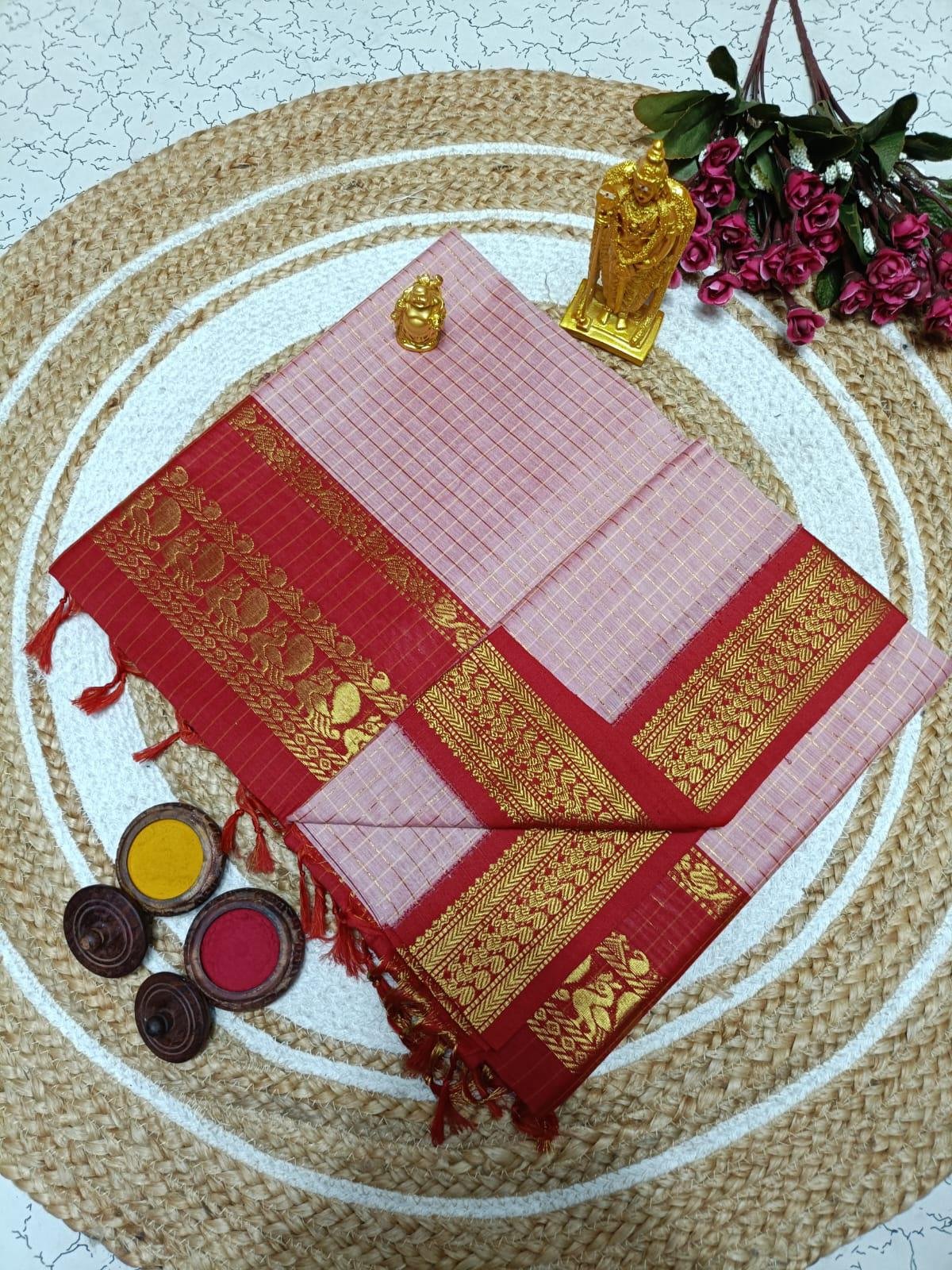 Kalyani cotton Gadwal Paithani saree with zari pallu and contrast blouse