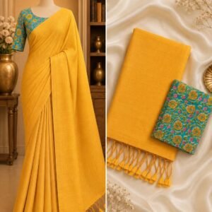 yellow handloom-khadi-cotton-saree-printed-blouse-australia