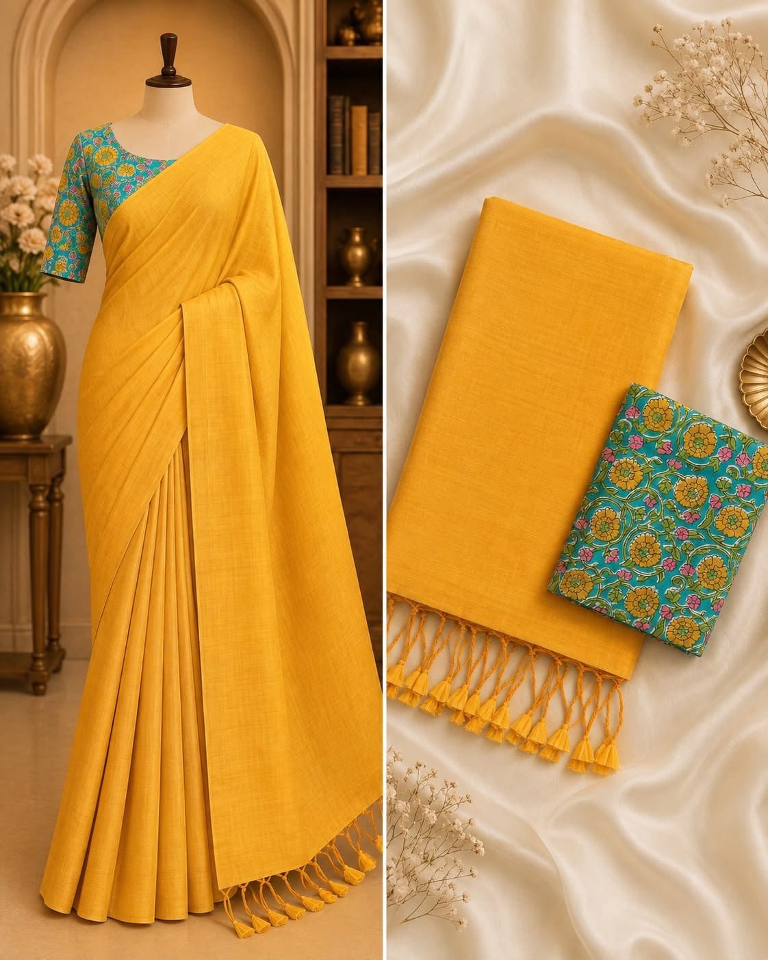 yellow handloom-khadi-cotton-saree-printed-blouse-australia
