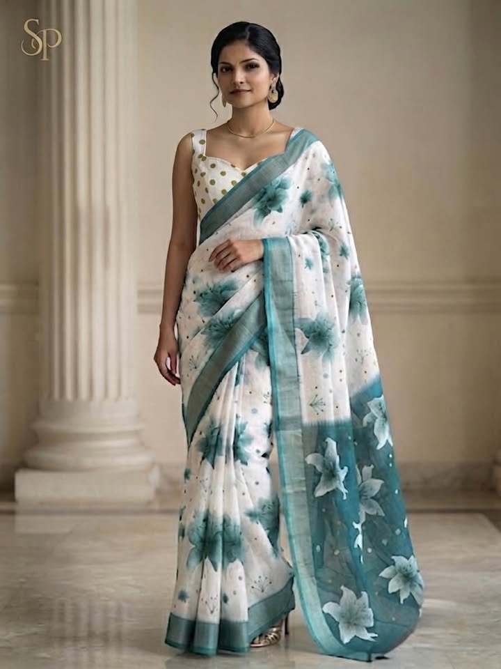 linen saree featuring a deep teal border and a matching sleeveless, square-neck blouse with a white-and-gold polka dot pattern.