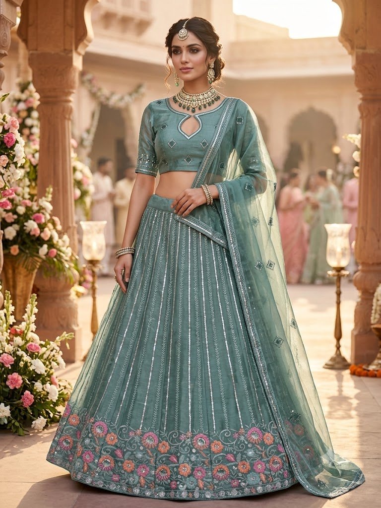 Emerald green party wear lehenga set