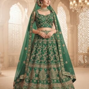 Rich Vibrant emerald green Embroidered Bridal Lehenga Set with Mirror Work