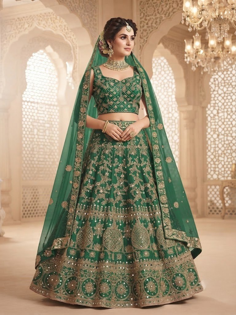 Rich Vibrant emerald green Embroidered Bridal Lehenga Set with Mirror Work