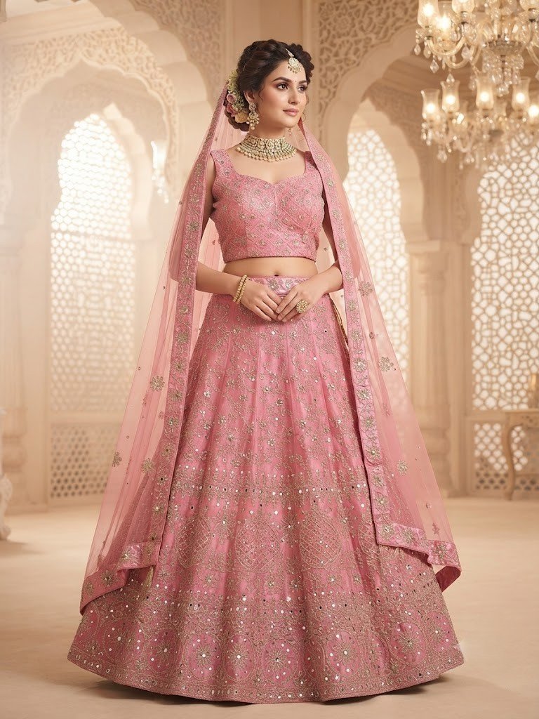 bridal elegance with this luxurious Soft Rose Pink Lehenga Set. Meticulously crafted from premium Satin Silk, this ensemble features intricate silver-gold zari embroidery paired with shimmering mirror work and delicate floral motifs. The full-length flared lehenga is adorned with decorative tassels and an ornate multi-tier border, while the sleeveless scoop-neck blouse showcases a sophisticated diamond grid pattern. Complete with a matching sheer net dupatta, this set is a masterpiece of traditional Indian craftsmanship blended with modern style.