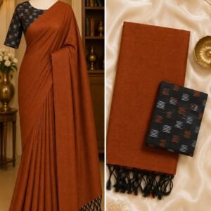 Rust brownHandloom Khadi Cotton Saree with Printed Blouse