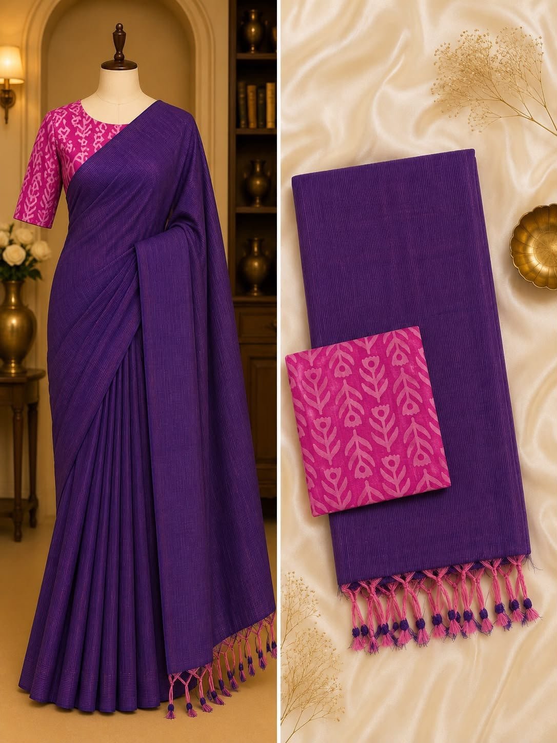 Violet Handloom Khadi Cotton Saree with Printed Blouse