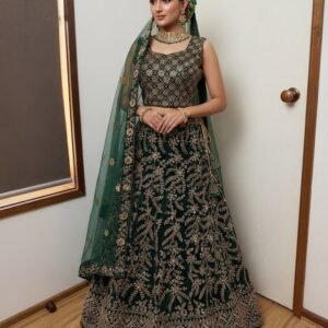bottle green or dark jewel-toned green Bridal Lehenga Set with Mirror Work