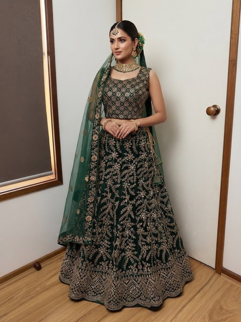 bottle green or dark jewel-toned green Bridal Lehenga Set with Mirror Work