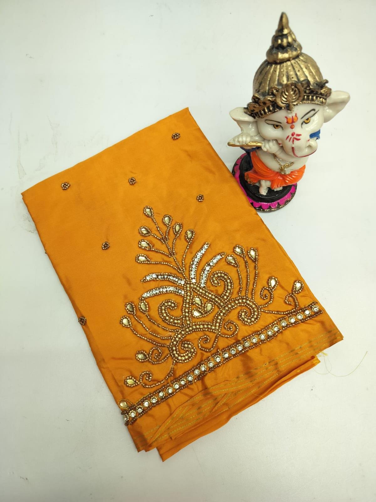 Butter Silk blouse material featuring detailed handmade Aari work