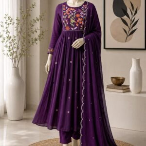 Drishti soft Mul Chanderi embroidered kurta set with monochrome dupatta for women