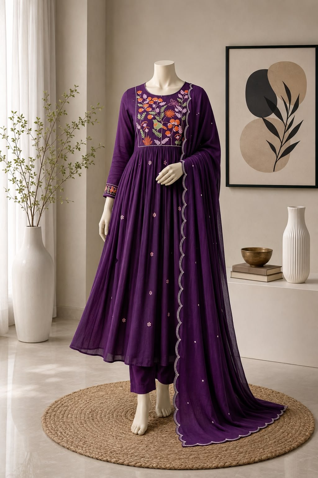 Drishti soft Mul Chanderi embroidered kurta set with monochrome dupatta for women