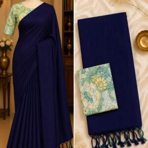 Navy blue handloom Khadi cotton saree with contrasting sage green floral printed blouse fabric