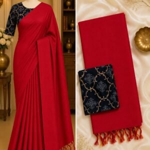 red handloom-khadi-cotton-saree-printed-blouse-australia