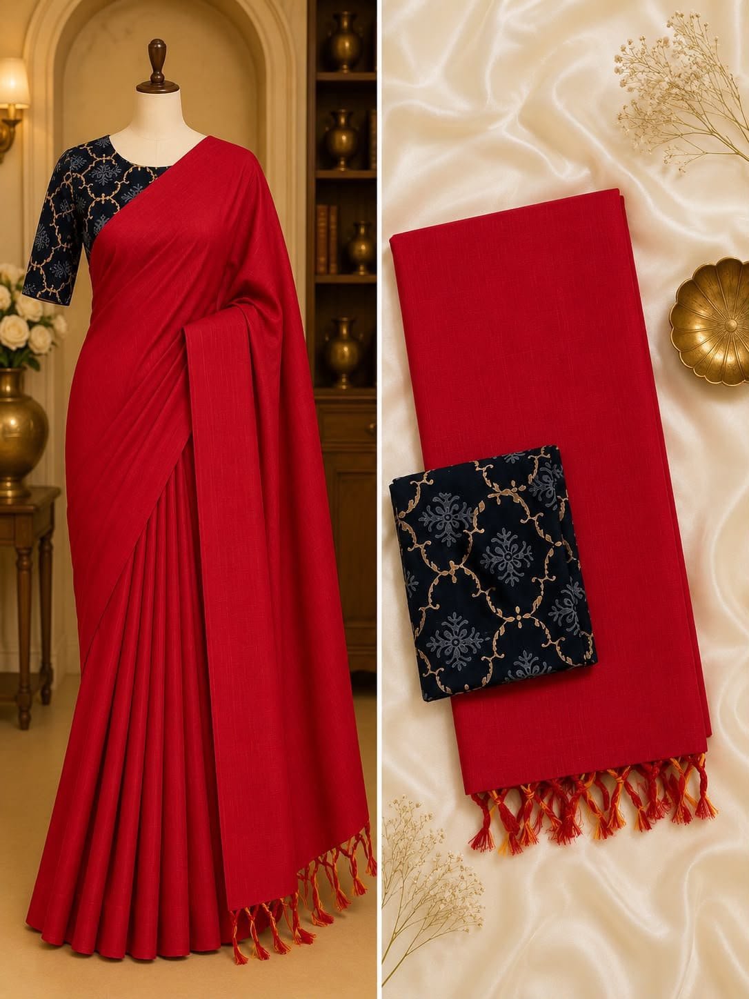 red handloom-khadi-cotton-saree-printed-blouse-australia