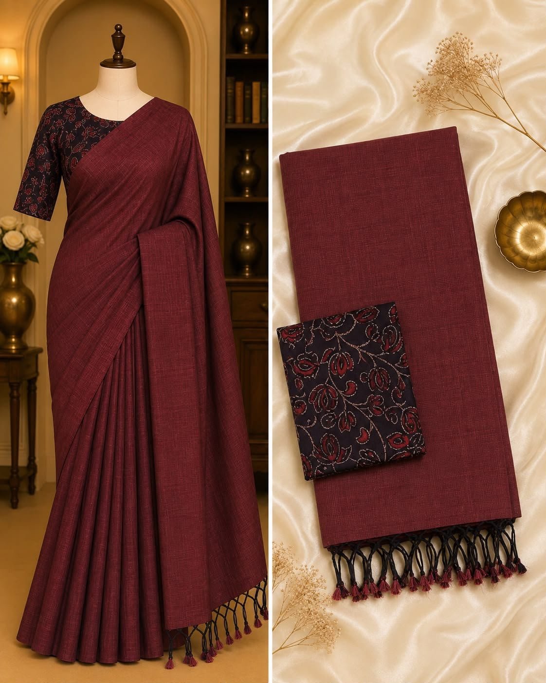 rich maroon handloom Khadi cotton saree with contrasting sage green floral printed blouse fabric