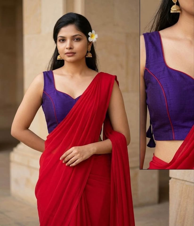 A vibrant, solid red modern-traditional fusion saree paired with a custom-tailored, sleeveless royal blue princess-cut blouse. The blouse features an elegant sweetheart neckline finished with red piping trim along the edges. Available as a new set complete with custom-tailored fitting options.